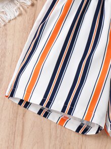 SHEIN Girls Striped Print Shirt & Cami Top & Shorts - Multicolor - View 3