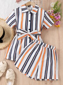 SHEIN Girls Striped Print Shirt & Cami Top & Shorts - Multicolor - View 4