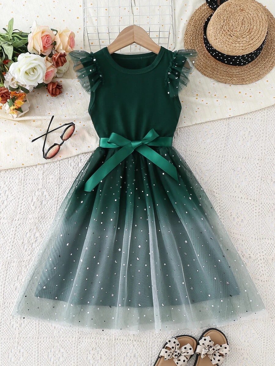 SHEIN Glamorique Kids Tween Girl Star & Moon Patched Contrast Mesh Ruffle Trim Dress,Holiday,Summer,Travel Summer Holiday - Dark Green - View 1