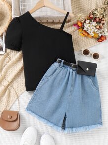 Tween Girl Asymmetrical Neck Puff Sleeve Tee & Raw Hem Denim Shorts - Multicolor - View 3