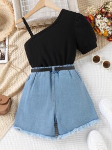 Tween Girl Asymmetrical Neck Puff Sleeve Tee & Raw Hem Denim Shorts - Multicolor - View 2