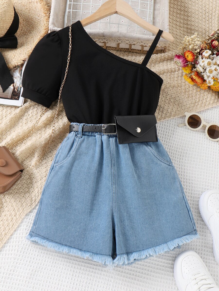 Tween Girl Asymmetrical Neck Puff Sleeve Tee & Raw Hem Denim Shorts - Multicolor - View 1