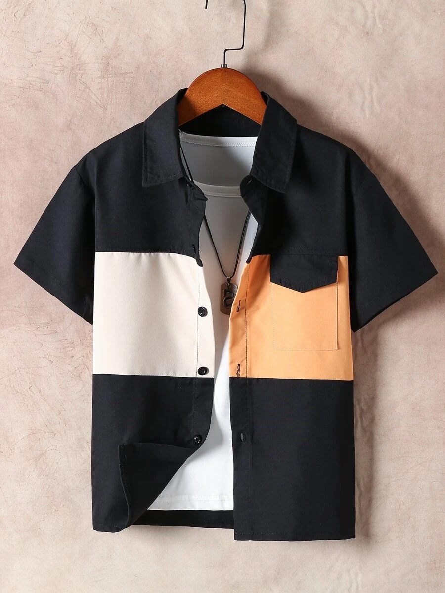 Boys Colour Block Patched Pocket Shirt Without Tee - Multicolor - View 1