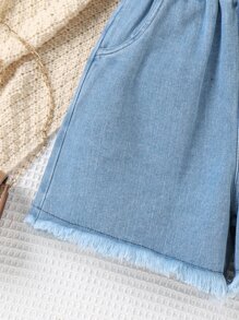 Tween Girl Asymmetrical Neck Puff Sleeve Tee & Raw Hem Denim Shorts - Multicolor - View 5