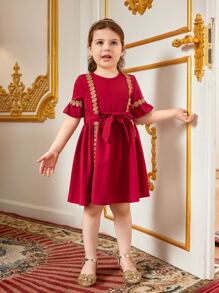 小女童提花蕾絲荷葉袖繫腰帶連衣裙 - 酒紅色 - 查看 1