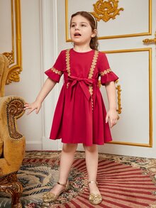 小女童提花蕾絲荷葉袖繫腰帶連衣裙 - 酒紅色 - 查看 3