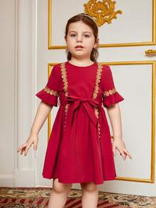 小女童提花蕾絲荷葉袖繫腰帶連衣裙 - 酒紅色 - 查看 4