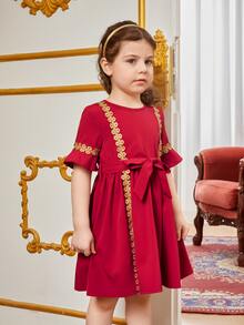 小女童提花蕾絲荷葉袖繫腰帶連衣裙 - 酒紅色 - 查看 5