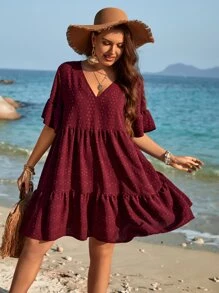 Breezaya Plus Swiss Dot Flounce Sleeve Ruffle Hem Smock Dress - Burgundy - View 1