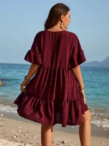 Breezaya Plus Swiss Dot Flounce Sleeve Ruffle Hem Smock Dress - Burgundy - View 2