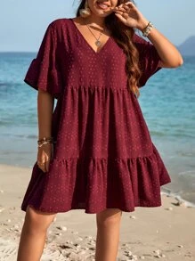 Breezaya Plus Swiss Dot Flounce Sleeve Ruffle Hem Smock Dress - Burgundy - View 4