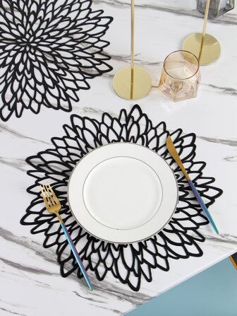 1pc PVC Place Mat, Creative Black Flower Design Hollow Out Anti-slip Table Mat For Dining Table