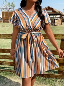 SHEIN LUNE Plus Striped Print Butterfly Sleeve Belted Dress - Multicolor - View 1