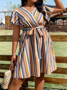 SHEIN LUNE Plus Striped Print Butterfly Sleeve Belted Dress - Multicolor - View 3