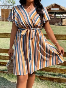 SHEIN LUNE Plus Striped Print Butterfly Sleeve Belted Dress - Multicolor - View 4