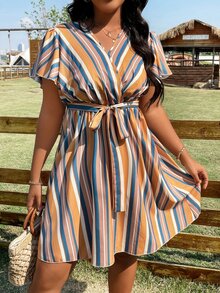 SHEIN LUNE Plus Striped Print Butterfly Sleeve Belted Dress - Multicolor - View 5