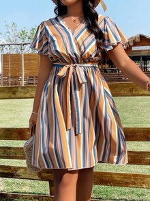 SHEIN LUNE Plus Striped Print Butterfly Sleeve Belted Dress - Multicolor - View 6