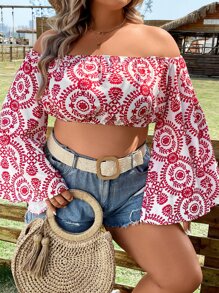 SHEIN Holidaya Plus Allover Print Off Shoulder Trumpet Sleeve Crop Top - Red and White - View 5