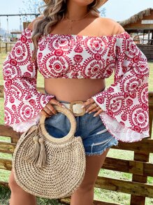 SHEIN Holidaya Plus Allover Print Off Shoulder Trumpet Sleeve Crop Top - Red and White - View 6