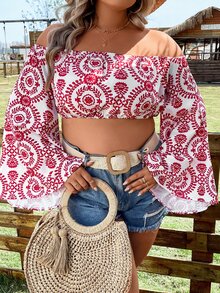SHEIN Holidaya Plus Allover Print Off Shoulder Trumpet Sleeve Crop Top - Red and White - View 7