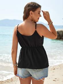 SHEIN LUNE Plus Contrast Guipure Lace Peplum Cami Top - Black - View 2