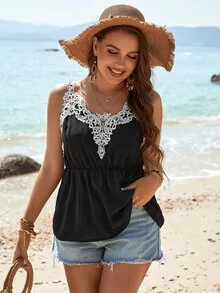 SHEIN LUNE Plus Contrast Guipure Lace Peplum Cami Top - Black - View 3