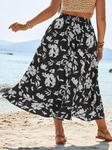 SHEIN Holidaya Falda con estampado floral bajo con fruncido con cinturón - Blanco y Negro - Ver 2