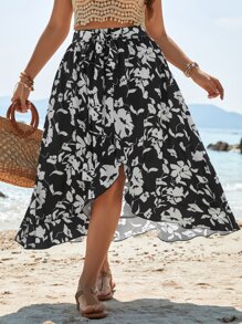 SHEIN Holidaya Falda con estampado floral bajo con fruncido con cinturón - Blanco y Negro - Ver 3
