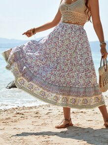 SHEIN LUNE Plus Floral Print Ruffle Hem Skirt - Yellow - View 1