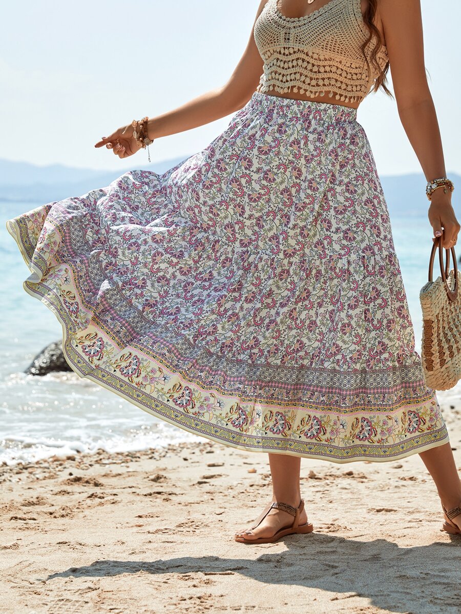 SHEIN LUNE Plus Floral Print Ruffle Hem Skirt - Yellow - View 1