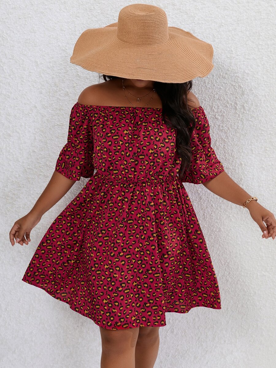 SHEIN LUNE Plus Allover Print Off Shoulder Dress - Multicolor - View 1