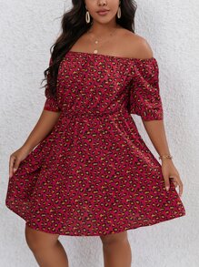 SHEIN LUNE Plus Allover Print Off Shoulder Dress - Multicolor - View 4