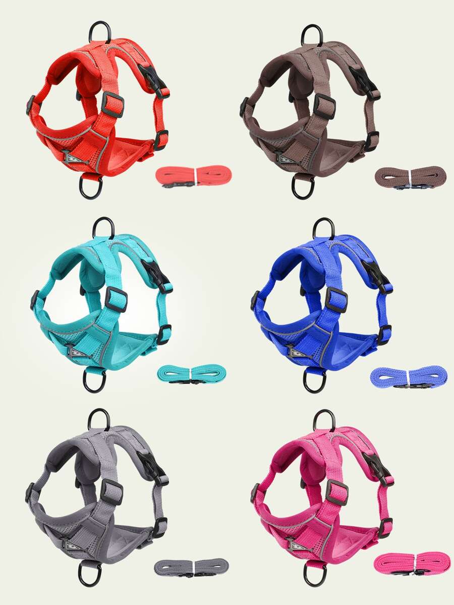 2pcs Dog Harness Set With Leash, Breathable Mesh Material And Reflective Strips For Outdoor Activities And Night Walking, Suitable For Both Cats And Dogs - Coffee Brown - View 1