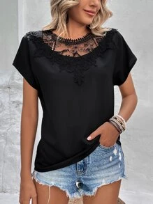 SHEIN Clasi Áo sơ mi nữ Tương phản ren màu trơn Giải trí - màu đen - Xem 1