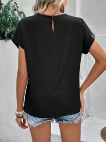 SHEIN Clasi Áo sơ mi nữ Tương phản ren màu trơn Giải trí - màu đen - Xem 2