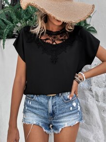 SHEIN Clasi Áo sơ mi nữ Tương phản ren màu trơn Giải trí - màu đen - Xem 5