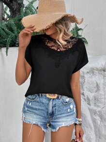 SHEIN Clasi Áo sơ mi nữ Tương phản ren màu trơn Giải trí - màu đen - Xem 4