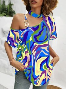 Breezaya Áo sơ mi nữ Bất đối xứng Cắt ra Tất cả trên in Giải trí - Nhiều màu - Xem 5