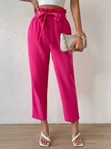 SHEIN Privé Paperbag Waist Belted Cropped Trousers - Hot Pink - View 1