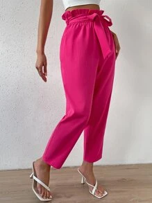 SHEIN Privé Paperbag Waist Belted Cropped Trousers - Hot Pink - View 4