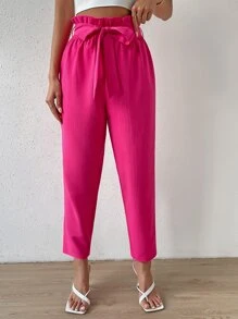 SHEIN Privé Paperbag Waist Belted Cropped Trousers - Hot Pink - View 5