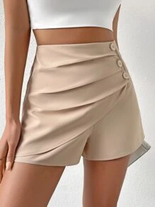 Chiquease High Waist Button Detail Ruched Wrap Hem Skort - Khaki - View 3