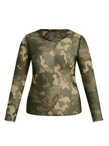 Plus Camo Print Mesh Top Without Bra - Army Green - View 1