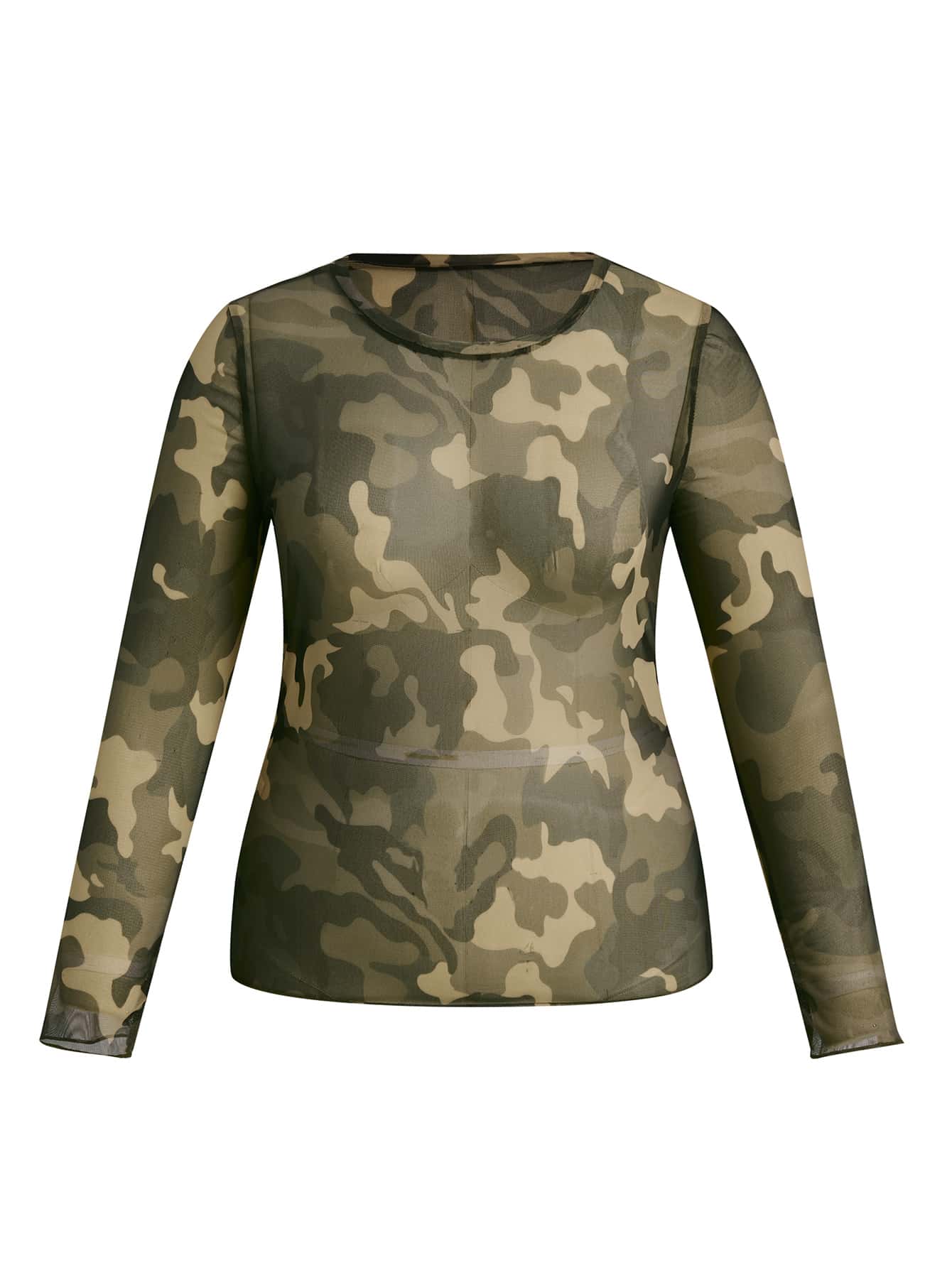 Plus Camo Print Mesh Top Without Bra - Army Green - View 1