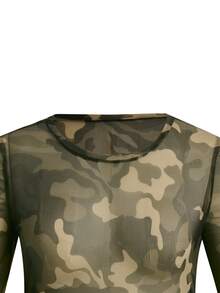 Plus Camo Print Mesh Top Without Bra - Army Green - View 3