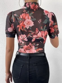 Allurite Floral Print Mock Neck Puff Sleeve Mesh Bodysuit Without Lingerie Set - Multicolor - View 2
