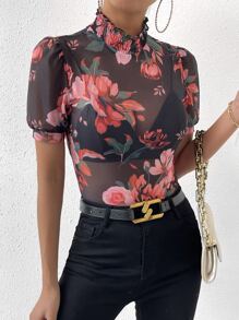 Allurite Floral Print Mock Neck Puff Sleeve Mesh Bodysuit Without Lingerie Set - Multicolor - View 4