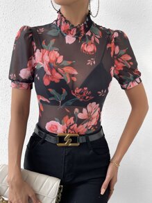 Allurite Floral Print Mock Neck Puff Sleeve Mesh Bodysuit Without Lingerie Set - Multicolor - View 5
