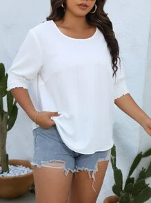 SHEIN LUNE 大碼素色荷葉袖襯衫 - 白色 - 查看 3