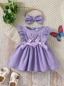 SHEIN 新生兒花卉刺繡荷葉邊前蝴蝶結連衣裙帶配件髮箍 - 紫色 - 查看 1